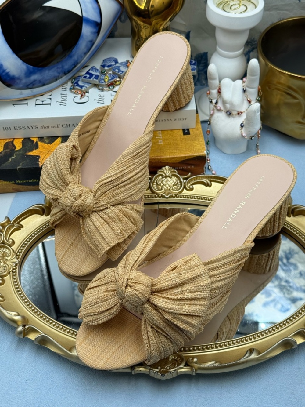Loeffler Randall Tan Bow Knot Raffia Block Heel Mules - Picture 9 of 16